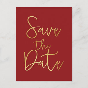 赤と金の「SAVE THE DATE」モダンスクリプトポストカード 案内ポストカード