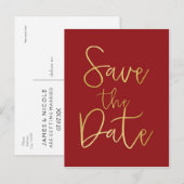 赤と金の「SAVE THE DATE」モダンスクリプトポストカード 案内ポストカード (正面/裏面)