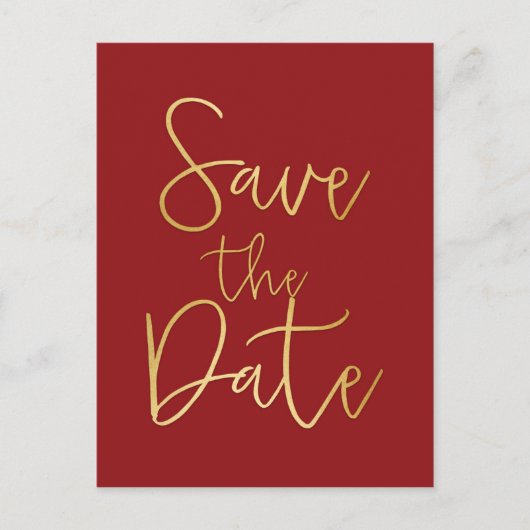 赤と金の「SAVE THE DATE」モダンスクリプトポストカード 案内ポストカード (正面)