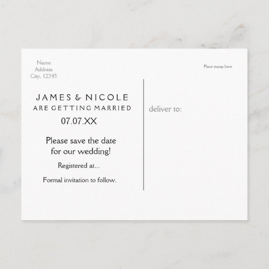 赤と金の SAVE THE DATE 現代的なスクリプトのポストカード 案内ポストカード (裏面)