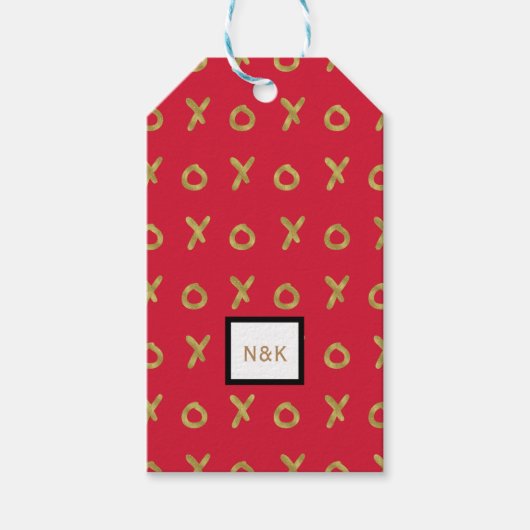 赤と金のX O XO XOのトレンディでかわいい ギフトタグ (正面)