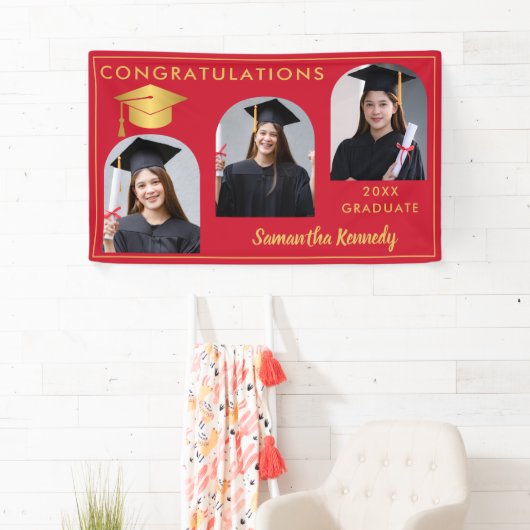 赤と金ゴールドおめでとう3写真卒業 横断幕 (インサイチュ)
