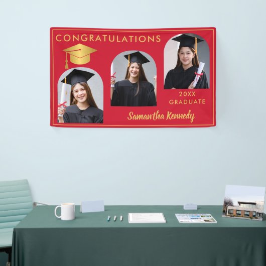 赤と金ゴールドおめでとう3写真卒業 横断幕 (トレードショー)
