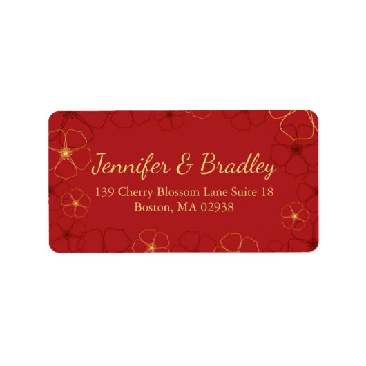赤と金ゴールドさくらんぼ花結婚の住所 シール (正面)