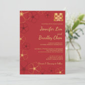 赤と金ゴールドさくらんぼ花結婚式招待状カード 招待状 (スタンド正面)