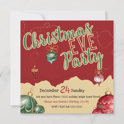 赤と金ゴールドと緑のクリスマスイブオーナメント シーズンカード (正面)