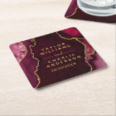 赤と金ゴールドのアゲート結婚大理石 スクエアペーパーコースター (アングル)