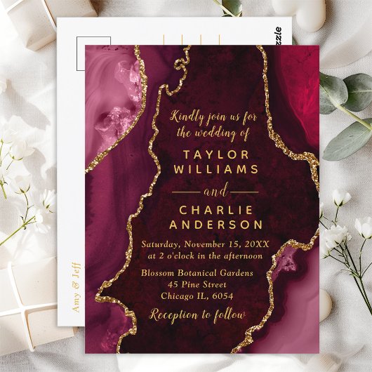 赤と金ゴールドのアゲート結婚大理石 ポストカード