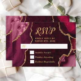 赤と金ゴールドのアゲート結婚大理石 出欠カード