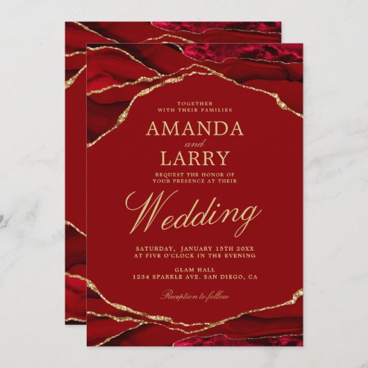 赤と金ゴールドのアゲート結婚大理石 招待状 (正面/裏面)
