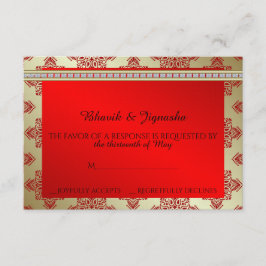 赤と金ゴールドのインディアンダマスコウェディングレスポンスカード 出欠カード