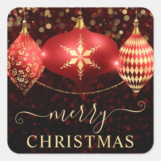 赤と金ゴールドのオーナメントバウブルクリスマス スクエアシール (正面)