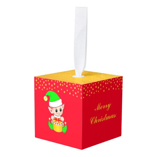 赤と金ゴールドのクリスマスかわいい小妖精や小人 キューブオーナメント (正面アングル)