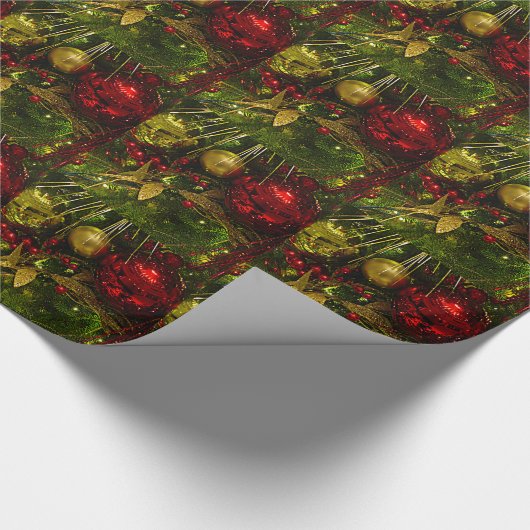 赤と金ゴールドのクリスマスオーナメントクリスマスツリーラップ ラッピングペーパー (角)