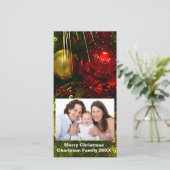 赤と金ゴールドのクリスマスオーナメントツリー縦型フォトカード シーズンカード (スタンド正面)