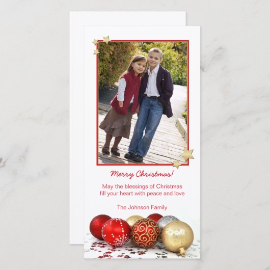 赤と金ゴールドのクリスマスオーナメントフォトカードテンプレート シーズンカード (正面/裏面)
