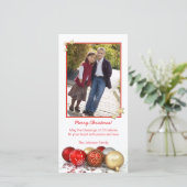 赤と金ゴールドのクリスマスオーナメントフォトカードテンプレート シーズンカード (スタンド正面)