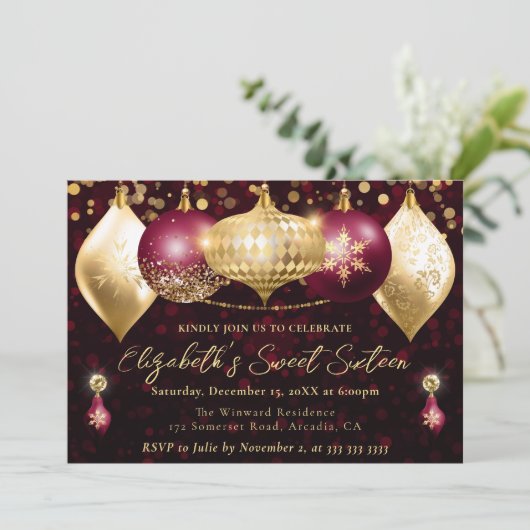 赤と金ゴールドのクリスマスバウブルズスウィート16 招待状 (スタンド正面)