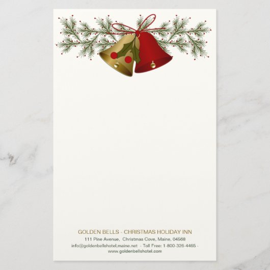 赤と金ゴールドのクリスマスベル、柊と松 便箋 (正面)
