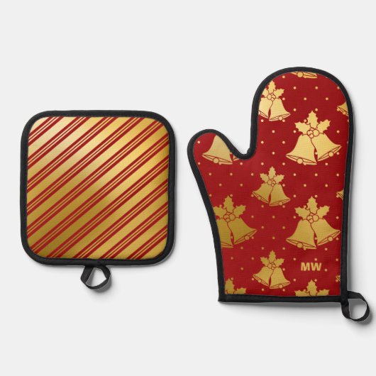 赤と金ゴールドのクリスマスベル 鍋つかみ&鍋敷きセット (正面)