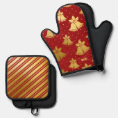 赤と金ゴールドのクリスマスベル 鍋つかみ&鍋敷きセット (正面/裏面)