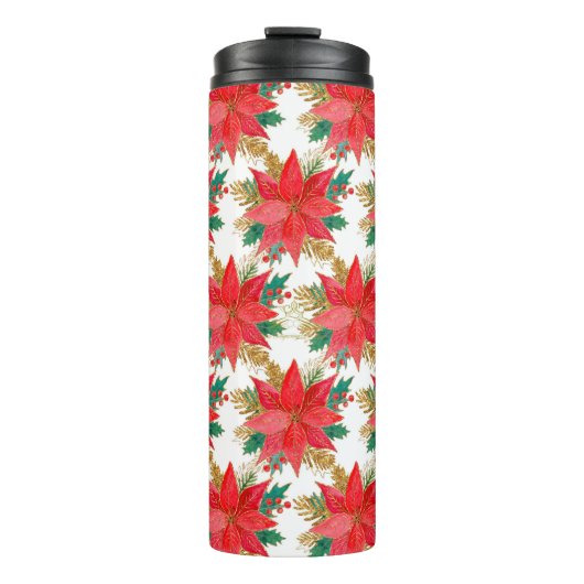 赤と金ゴールドのクリスマスポインセチア模様 タンブラー (正面)