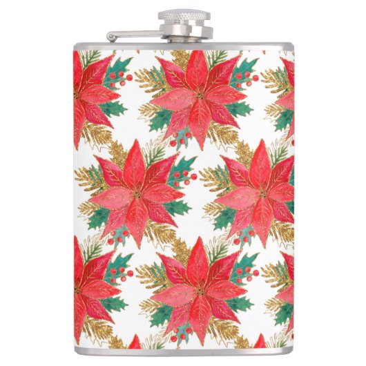赤と金ゴールドのクリスマスポインセチア模様 フラスク (正面)