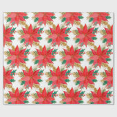 赤と金ゴールドのクリスマスポインセチア模様 ラッピングペーパー (フラット)