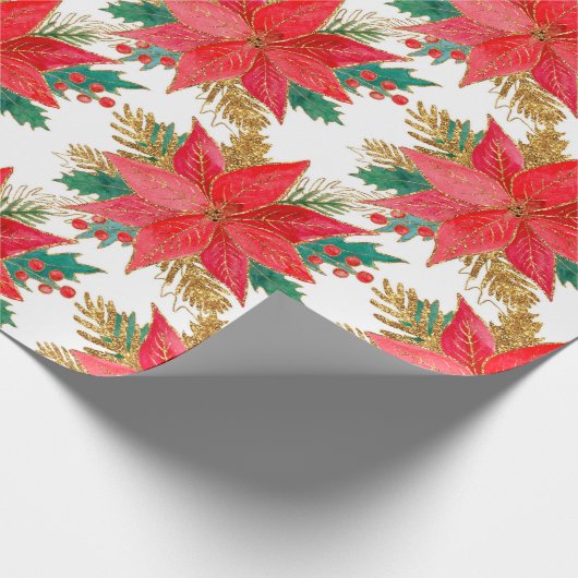 赤と金ゴールドのクリスマスポインセチア模様 ラッピングペーパー (角)