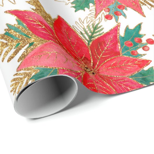 赤と金ゴールドのクリスマスポインセチア模様 ラッピングペーパー (ロールコーナー)