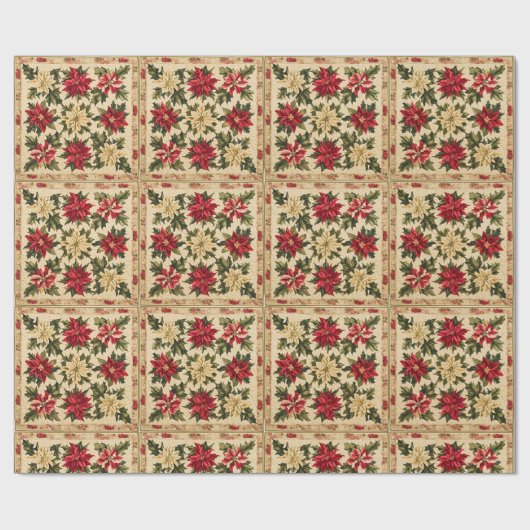 赤と金ゴールドのクリスマスポインセチア模様 ラッピングペーパー (フラット)