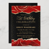 赤と金ゴールドのグリッターアガテバースデーパーティー 招待状 (正面/裏面)