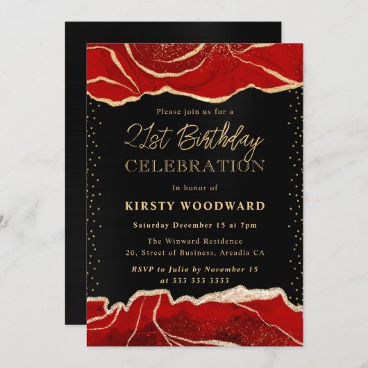 赤と金ゴールドのグリッターアガテバースデーパーティー 招待状 (正面/裏面)
