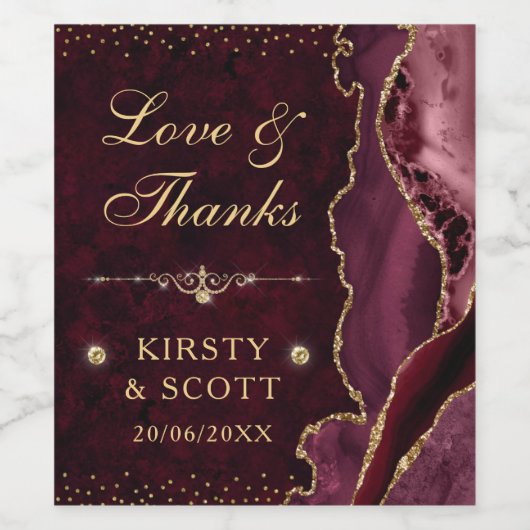 赤と金ゴールドのグリッターアゲートと結婚大理石 ワインラベル (シングルラベル)