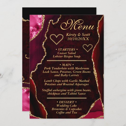 赤と金ゴールドのグリッターアゲートマーブル結婚ズ メニュー (正面/裏面)