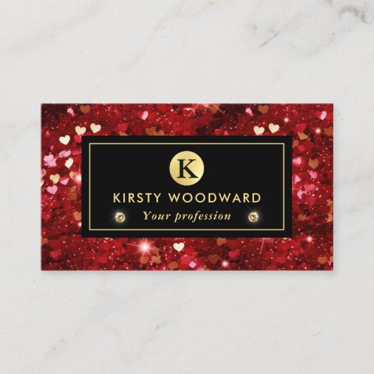 赤と金ゴールドのグリッターハートパターン 名刺 (正面)