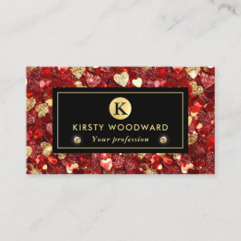赤と金ゴールドのグリッターハートパターン 名刺