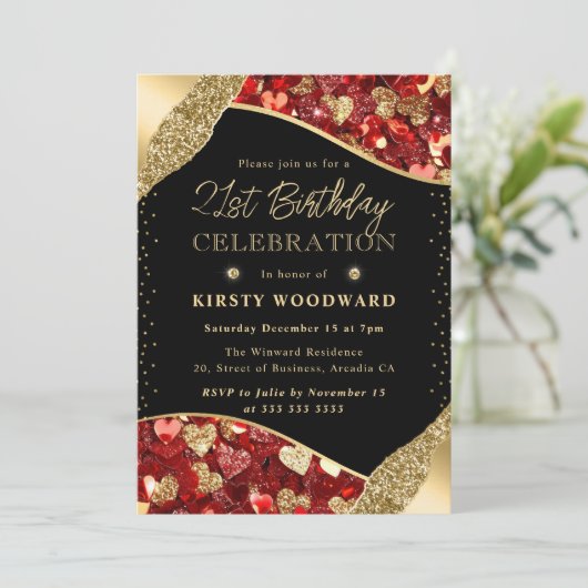 赤と金ゴールドのグリッターハート21st誕生日 招待状 (スタンド正面)