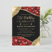 赤と金ゴールドのグリッターハート21st誕生日 招待状 (スタンド正面)