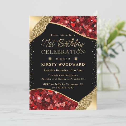 赤と金ゴールドのグリッターハート21st誕生日 招待状 (スタンド正面)