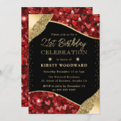 赤と金ゴールドのグリッターハート21st誕生日 招待状 (正面/裏面)