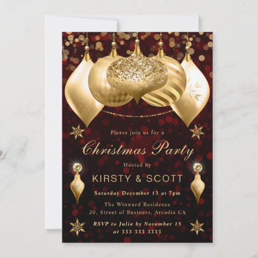 赤と金ゴールドのグリッターバウブルクリスマスパーティー 招待状 (正面)