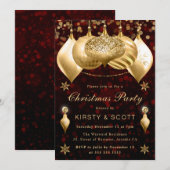 赤と金ゴールドのグリッターバウブルクリスマスパーティー 招待状 (正面/裏面)