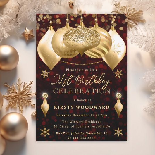 赤と金ゴールドのグリッターバウブル21st誕生日 招待状