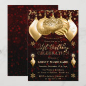 赤と金ゴールドのグリッターバウブル21st誕生日 招待状 (正面/裏面)