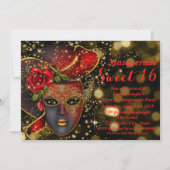 赤と金ゴールドのグリッターマスカレードパーティー 招待状 (正面)