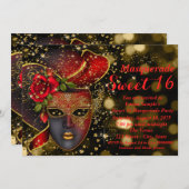 赤と金ゴールドのグリッターマスカレードパーティー 招待状 (正面/裏面)