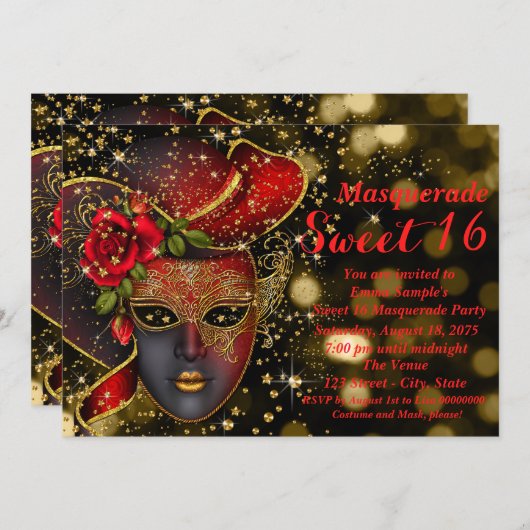 赤と金ゴールドのグリッターマスカレードパーティー 招待状 (正面/裏面)