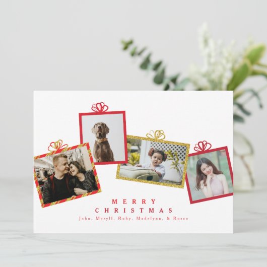 赤と金ゴールドのグリッター写真ギフトボックスクリスマス シーズンカード (スタンド正面)