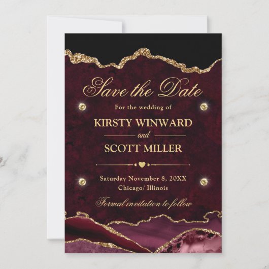 赤と金ゴールドのグリッター大理石瑪瑙の日付を保存 セーブザデート (正面)